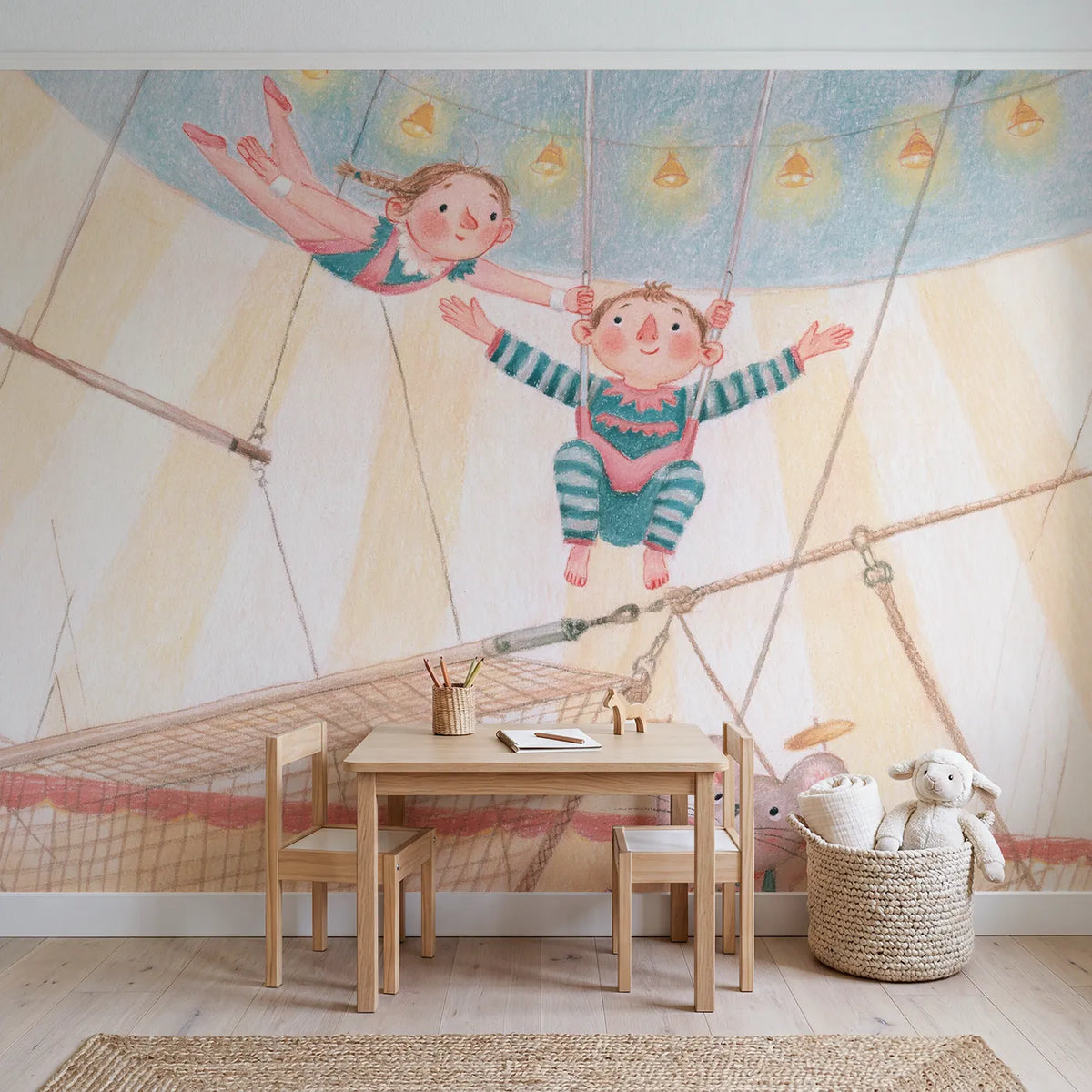 The Trapeze Catch Wallpaper Mural in playroom setting by Whimsy Tots
