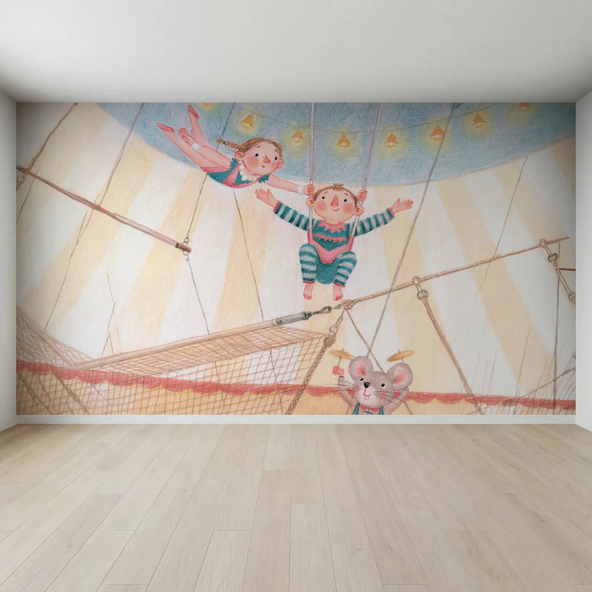 Full view of The Trapeze Catch Wallpaper Mural by Whimsy Tots
