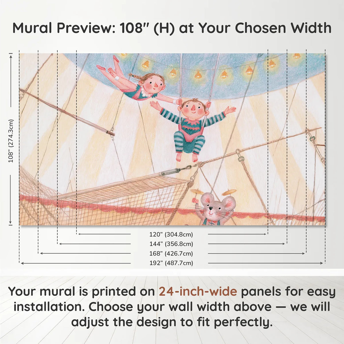 Panel layout and dimensions for The Trapeze Catch Wallpaper Mural by Whimsy Tots