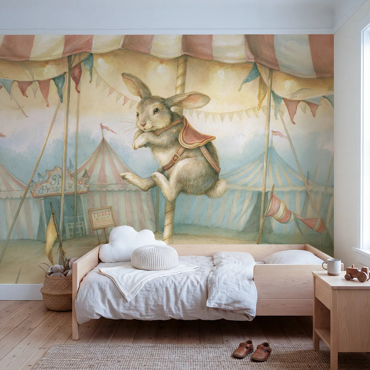 Storybook wall mural of a carousel bunny on warm cream by Whimsy Tots