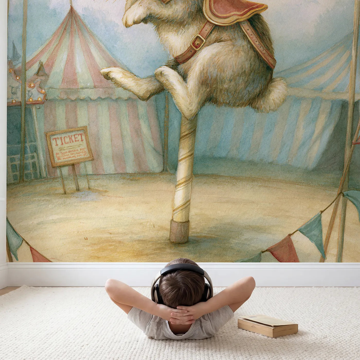 Child in nursery with Carousel Bunny Ride Wallpaper Mural by Whimsy Tots
