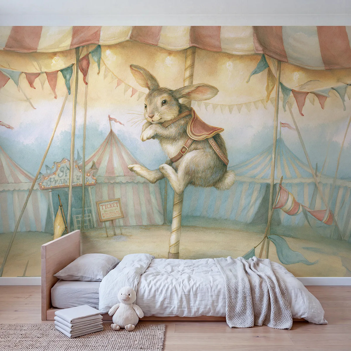 Carousel Bunny Ride Wallpaper Mural in playroom setting by Whimsy Tots