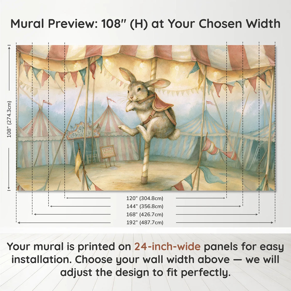 Panel layout and dimensions for Carousel Bunny Ride Wallpaper Mural by Whimsy Tots