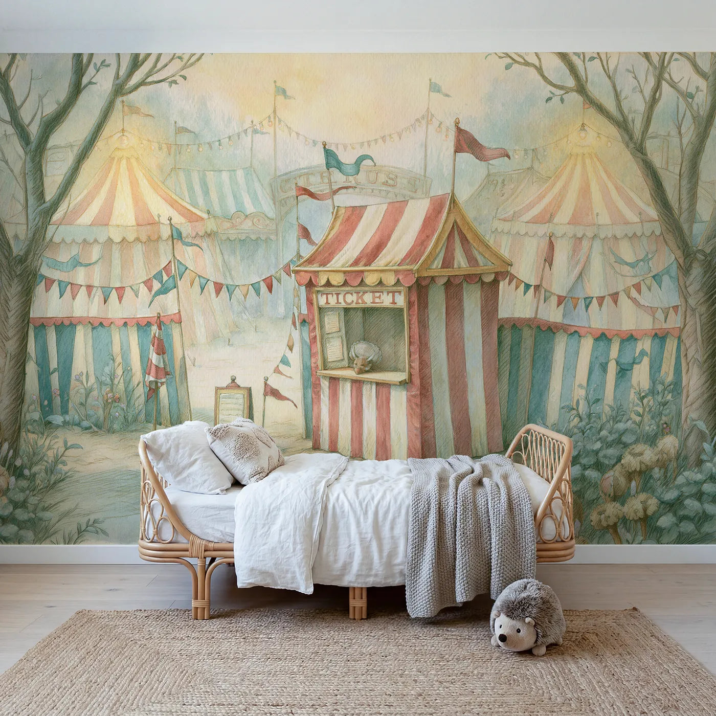 Storybook wall mural of a little ticket booth on warm cream by Whimsy Tots