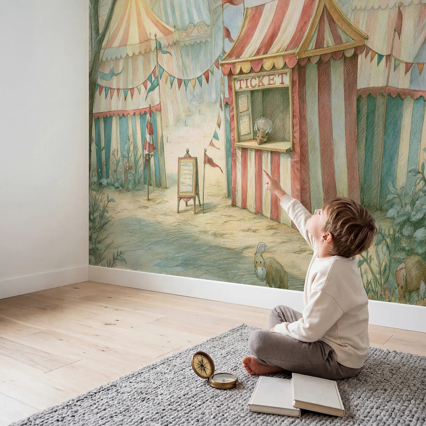 Child in nursery with Little Ticket Booth Wallpaper Mural by Whimsy Tots