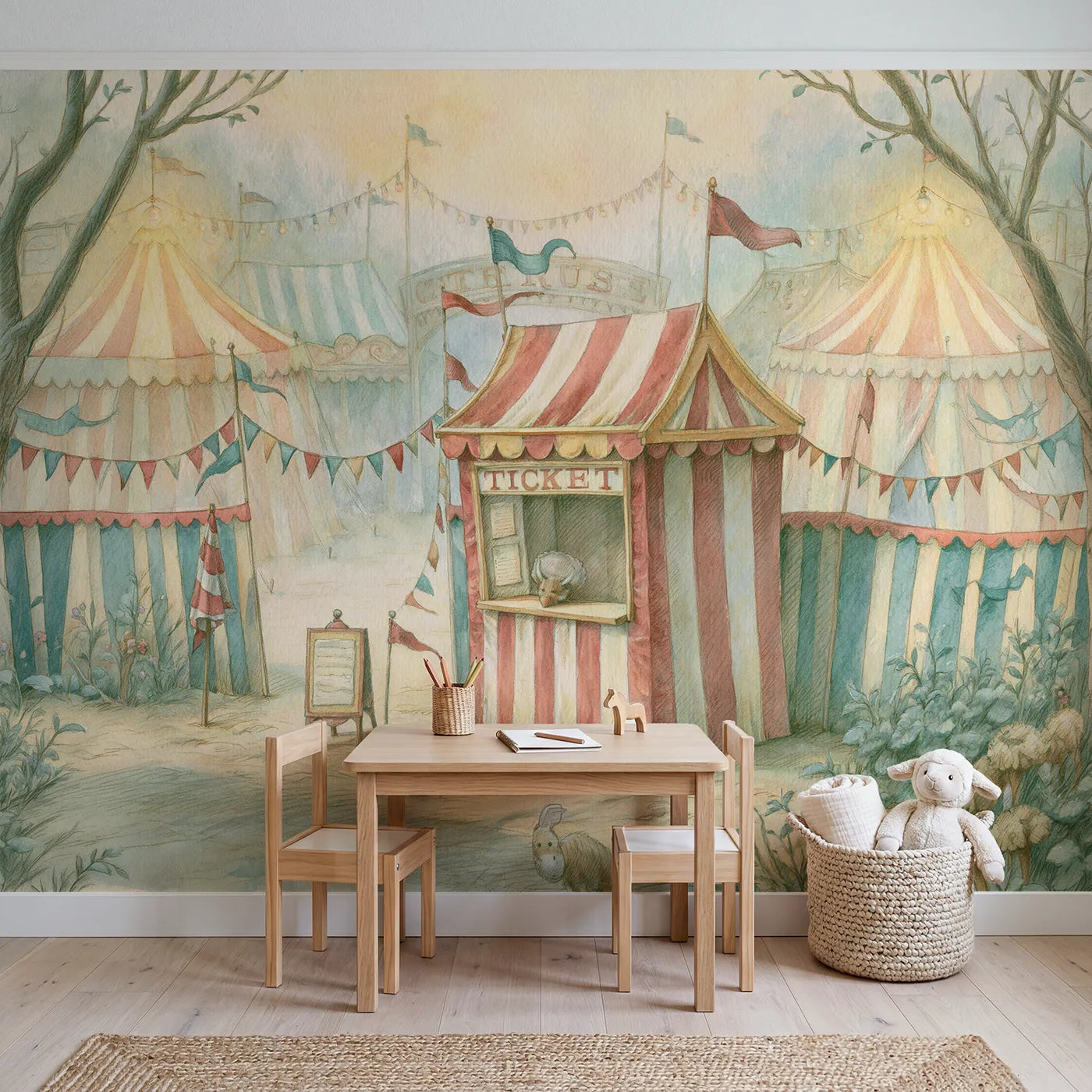 Little Ticket Booth Wallpaper Mural in playroom setting by Whimsy Tots