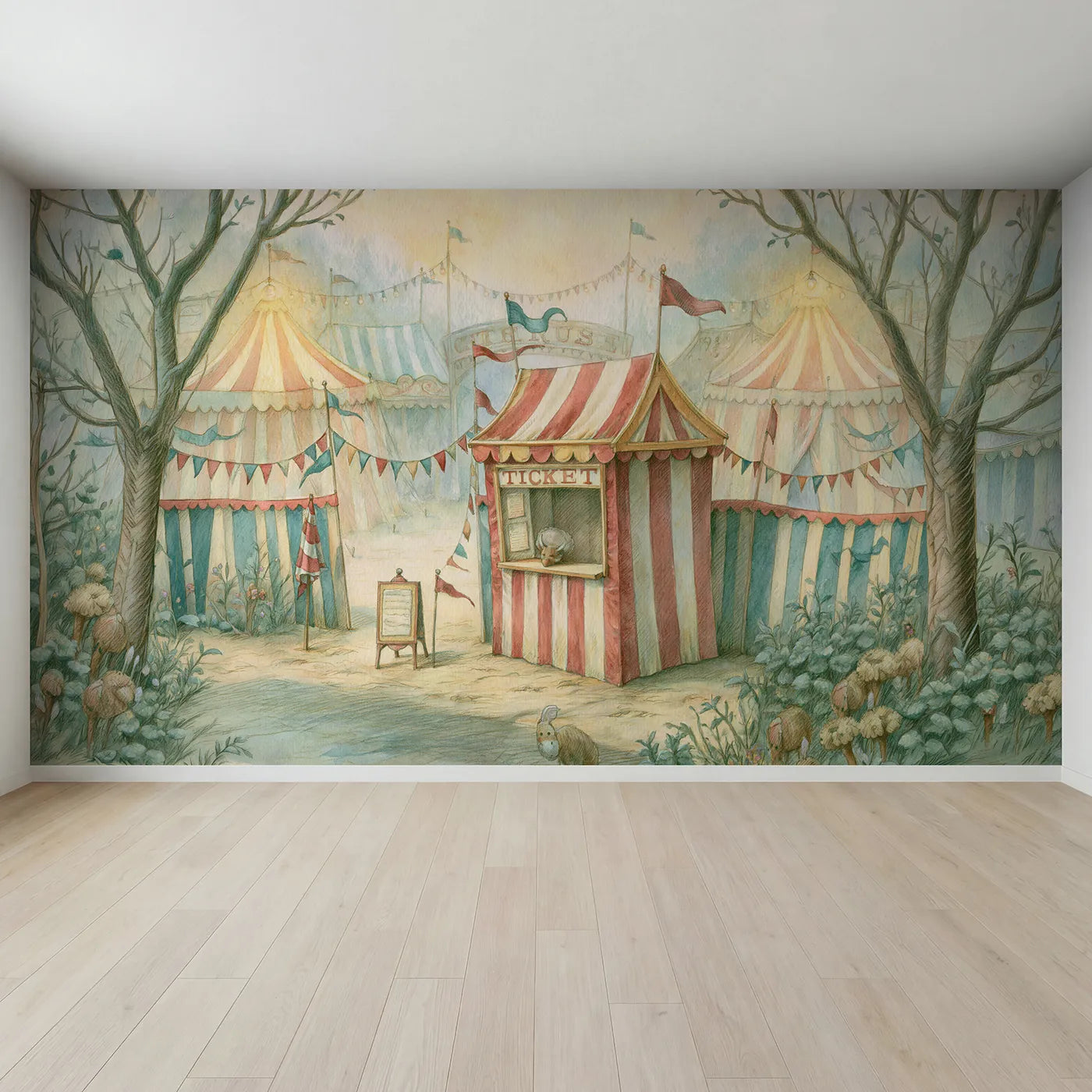 Full view of Little Ticket Booth Wallpaper Mural by Whimsy Tots