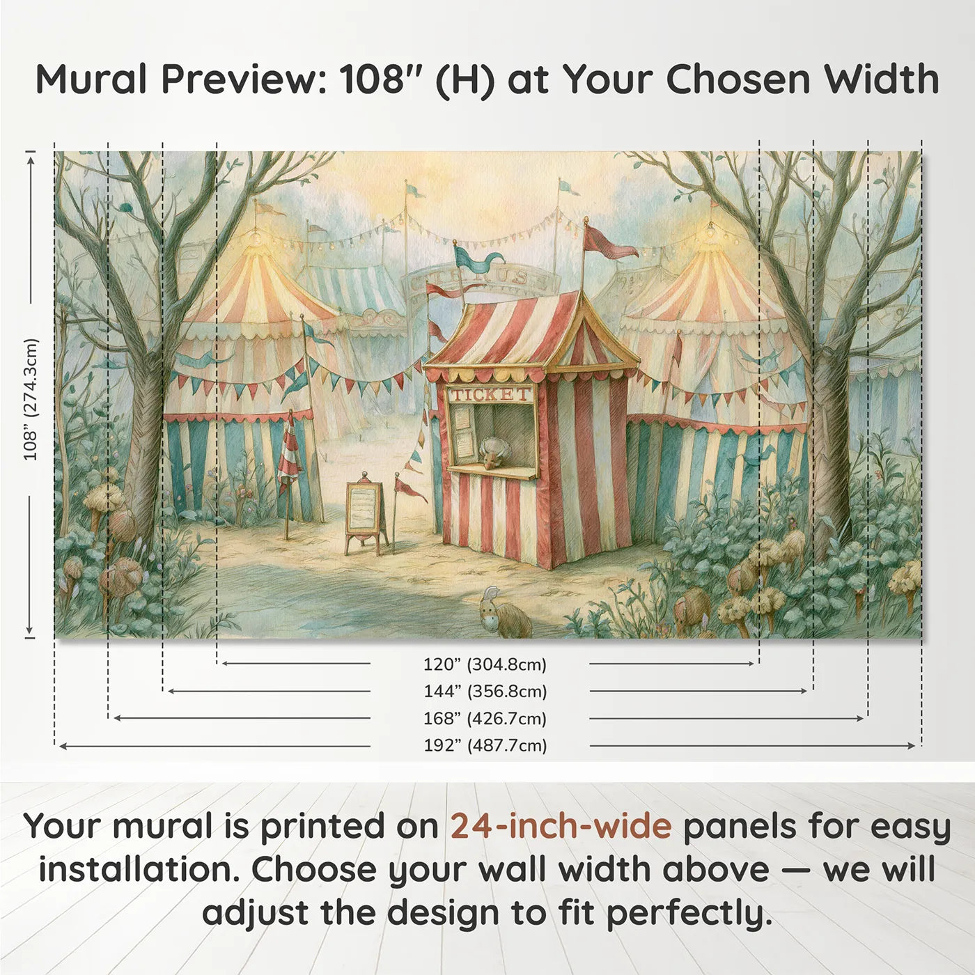 Panel layout and dimensions for Little Ticket Booth Wallpaper Mural by Whimsy Tots