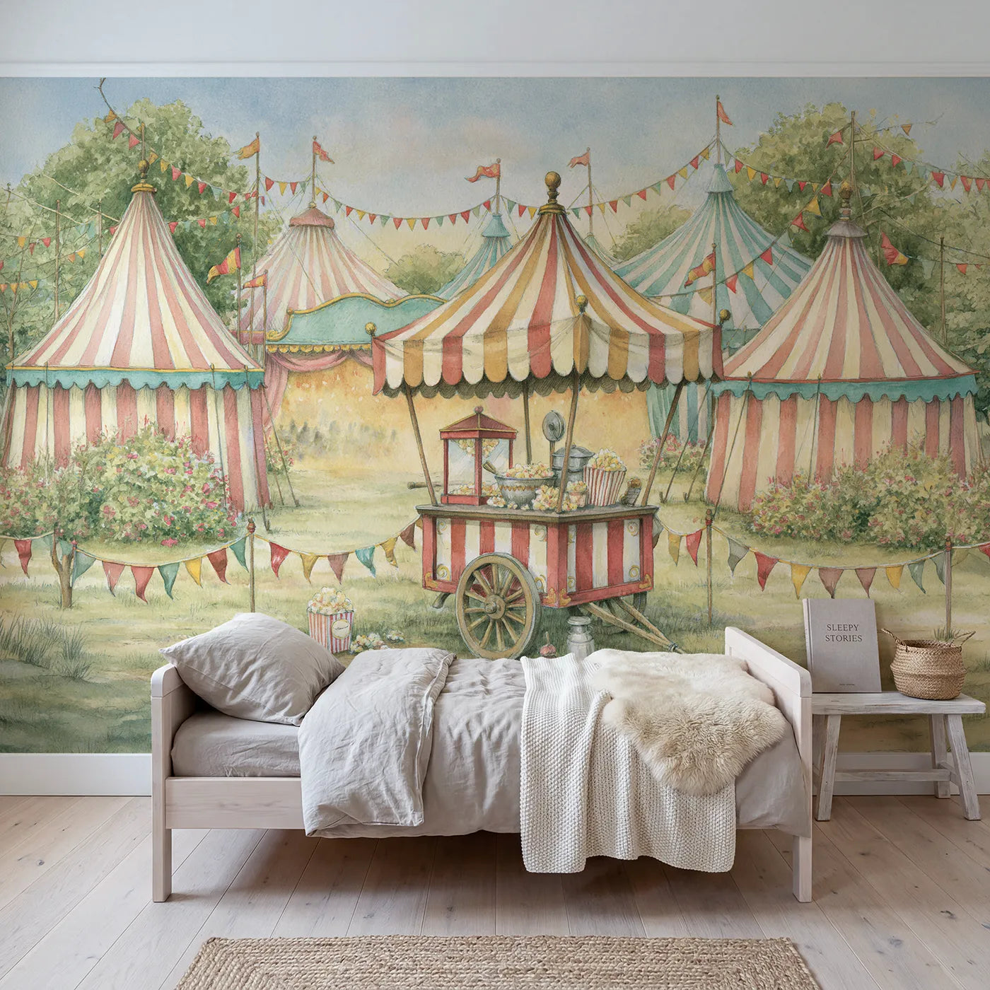 Storybook wall mural of a cheerful popcorn cart on warm cream by Whimsy Tots