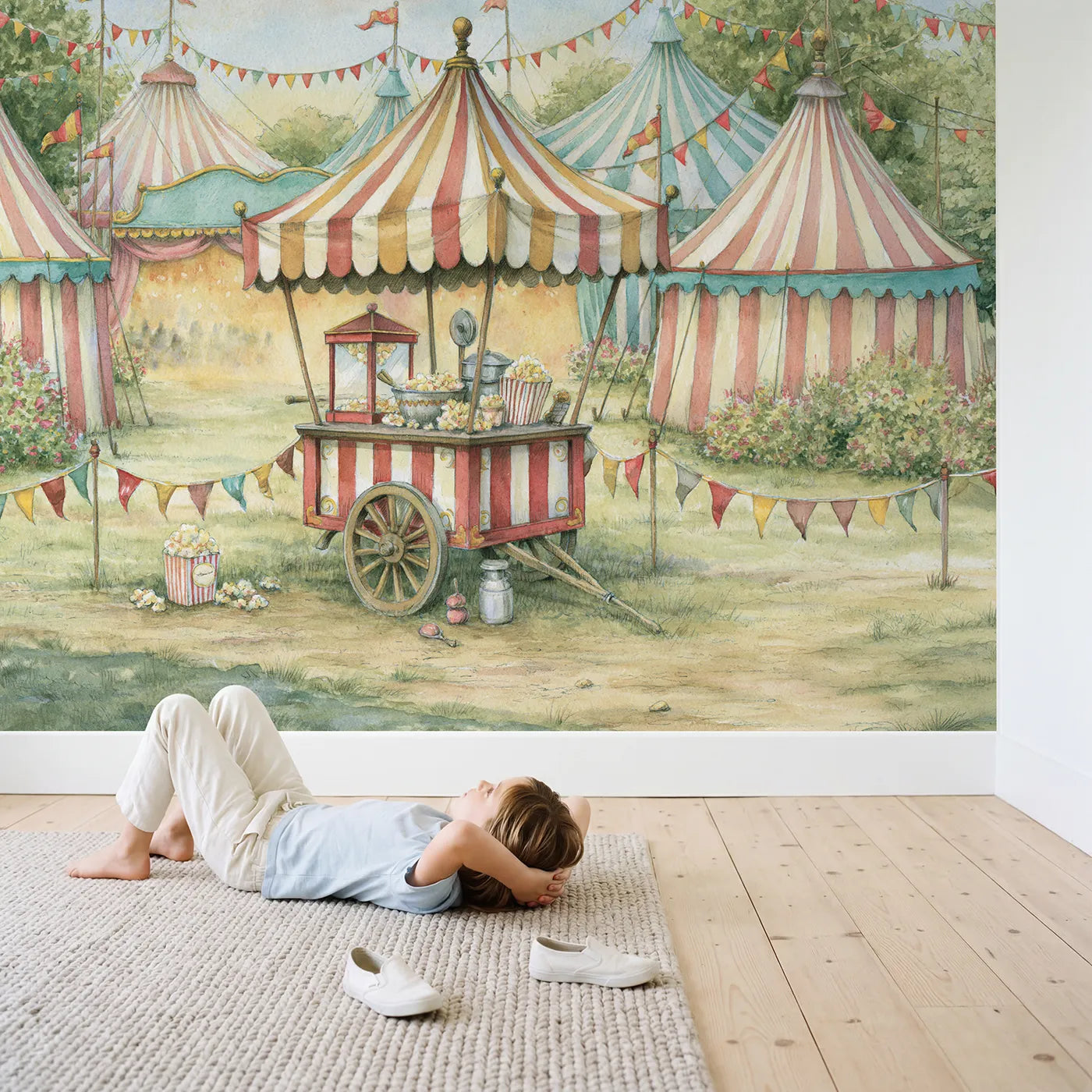 Child in nursery with Cheerful Popcorn Cart Wallpaper Mural by Whimsy Tots