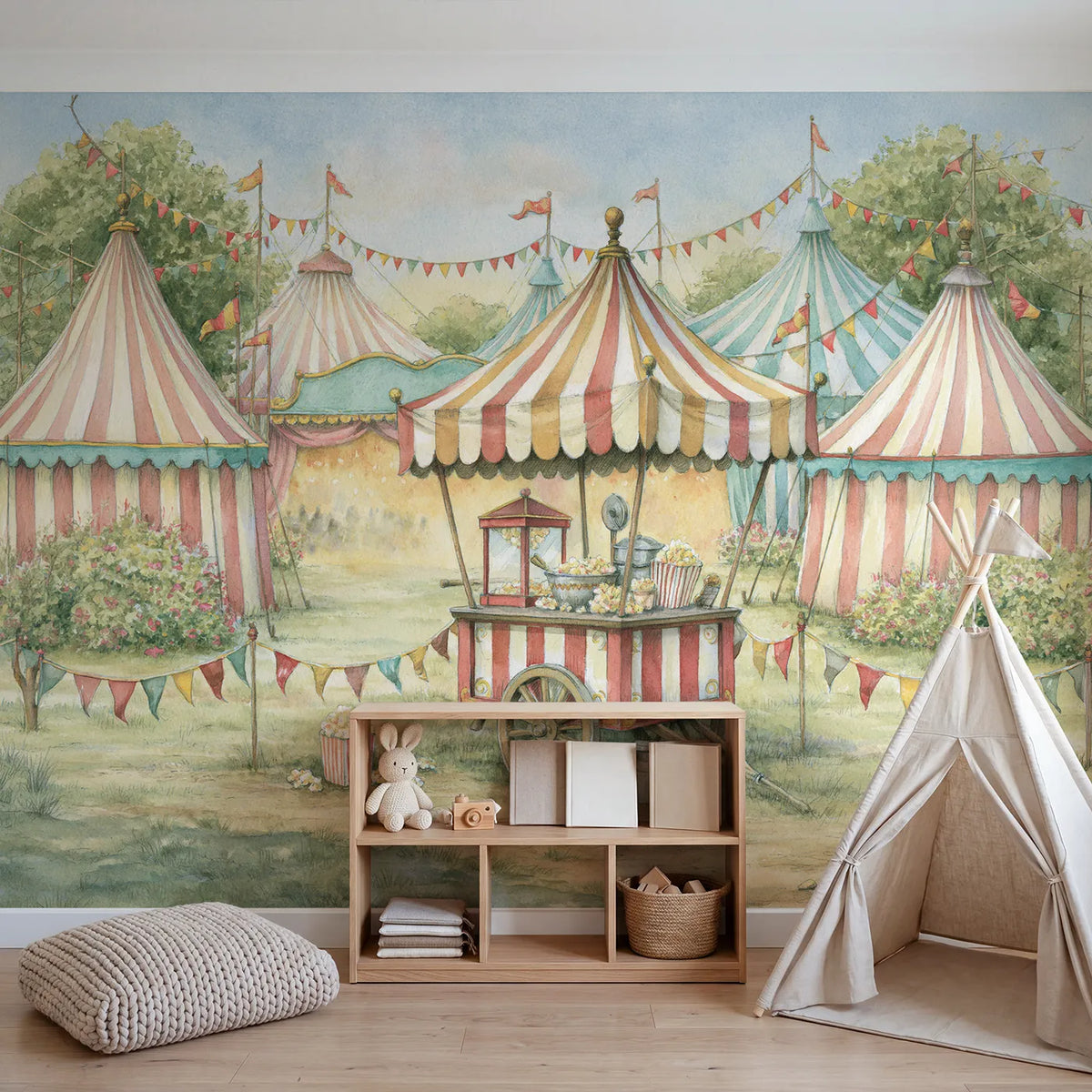 Cheerful Popcorn Cart Wallpaper Mural in playroom setting by Whimsy Tots
