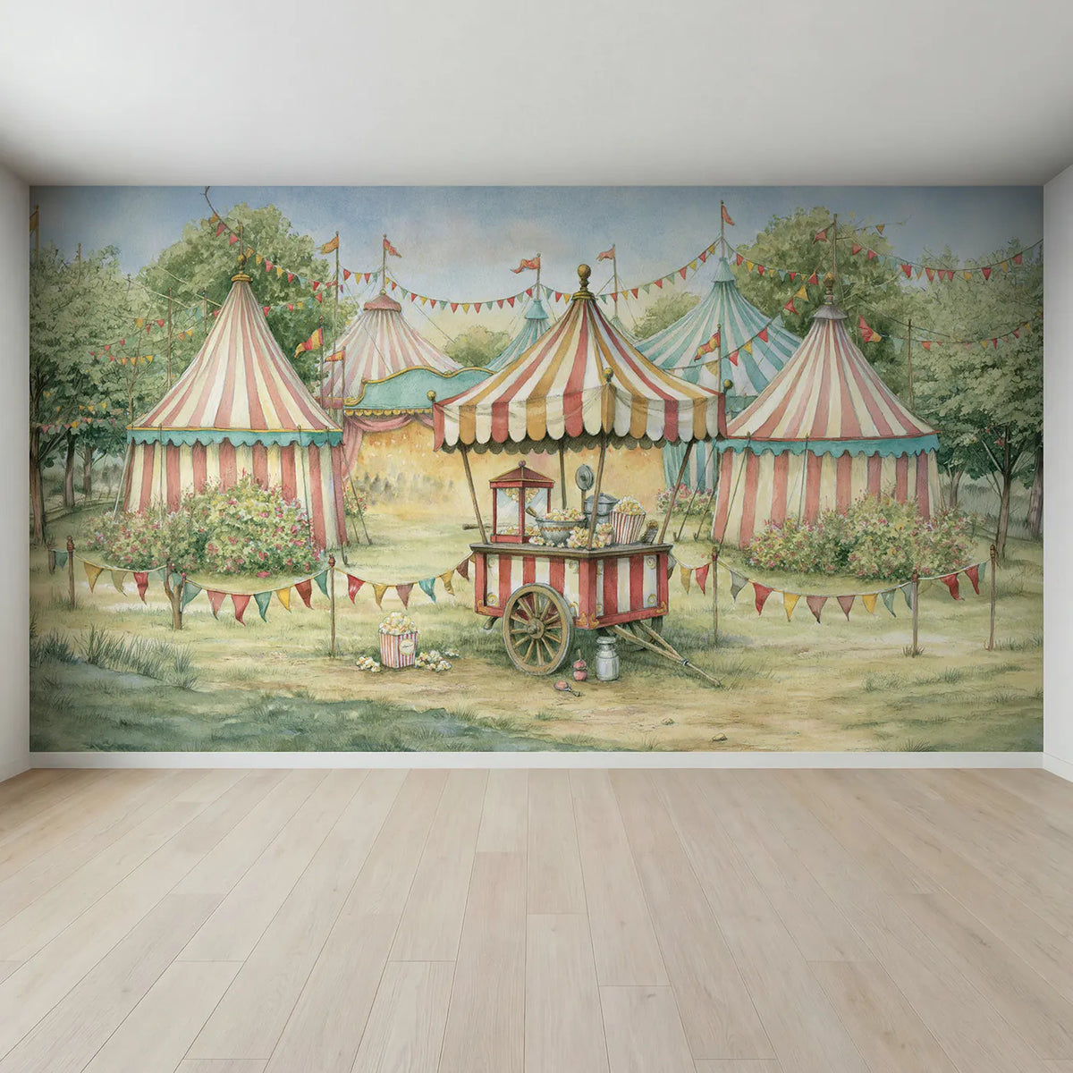 Full view of Cheerful Popcorn Cart Wallpaper Mural by Whimsy Tots