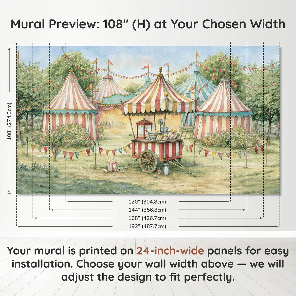 Panel layout and dimensions for Cheerful Popcorn Cart Wallpaper Mural by Whimsy Tots