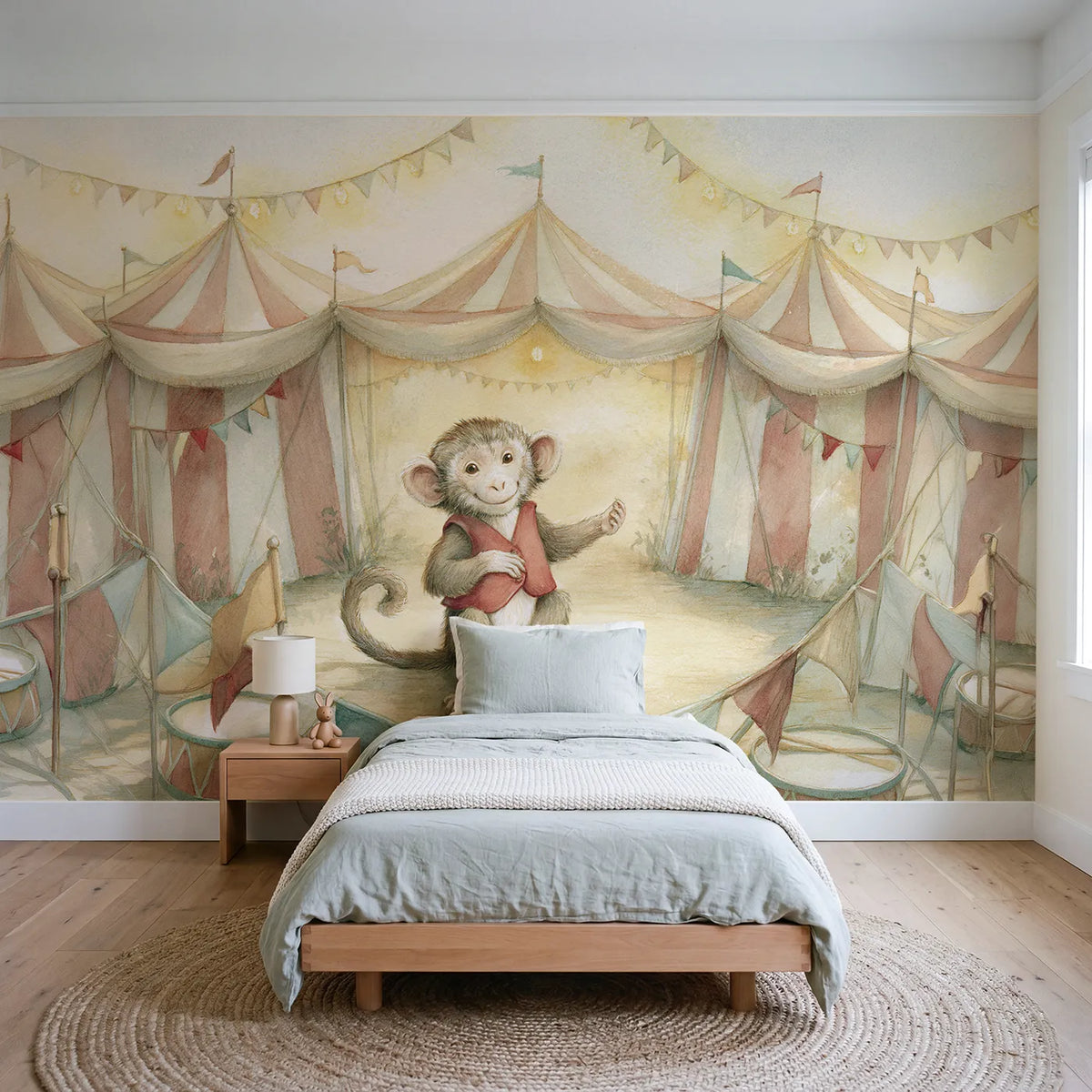 Storybook wall mural of a friendly circus monkey on warm cream by Whimsy Tots
