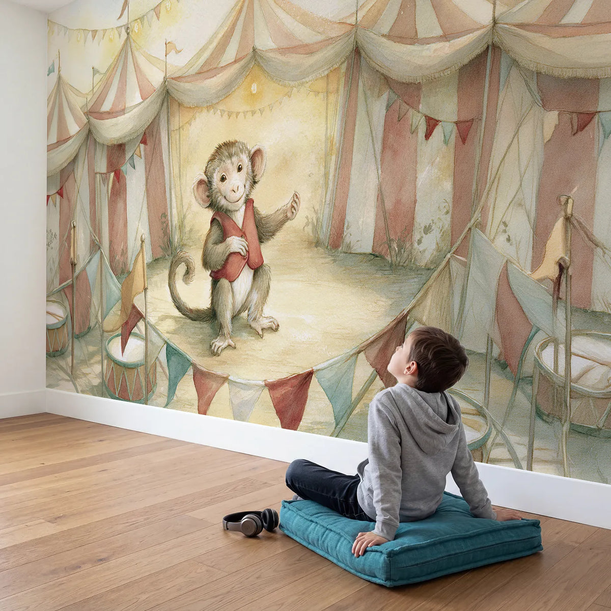 Child in nursery with Friendly Circus Monkey Wallpaper Mural by Whimsy Tots