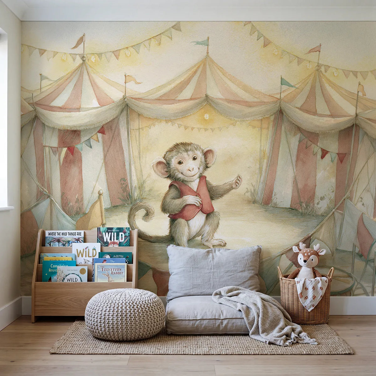 Friendly Circus Monkey Wallpaper Mural in playroom setting by Whimsy Tots