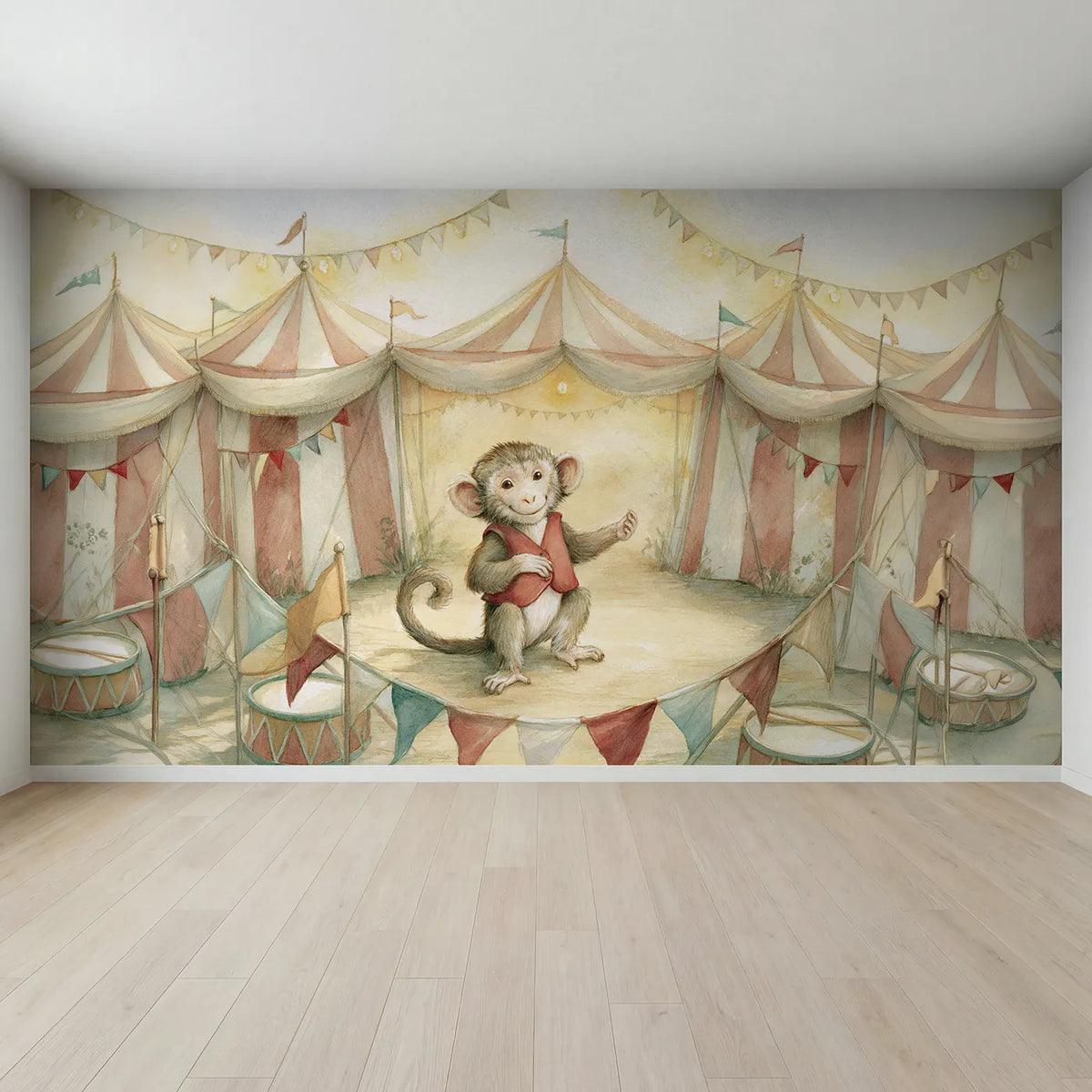 Full view of Friendly Circus Monkey Wallpaper Mural by Whimsy Tots