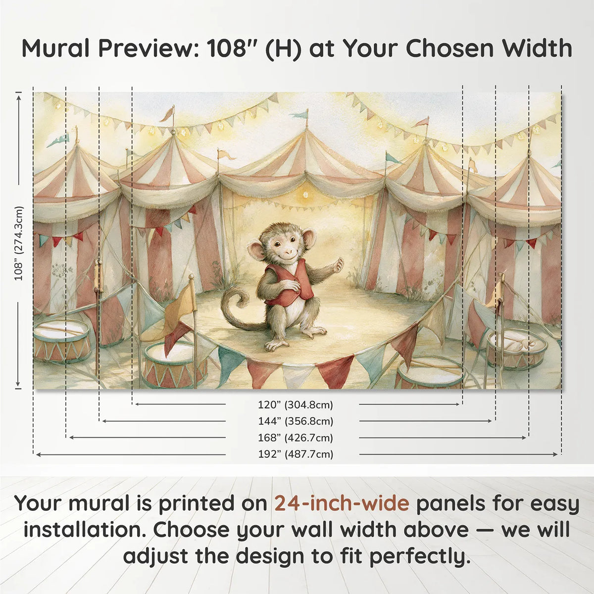 Panel layout and dimensions for Friendly Circus Monkey Wallpaper Mural by Whimsy Tots