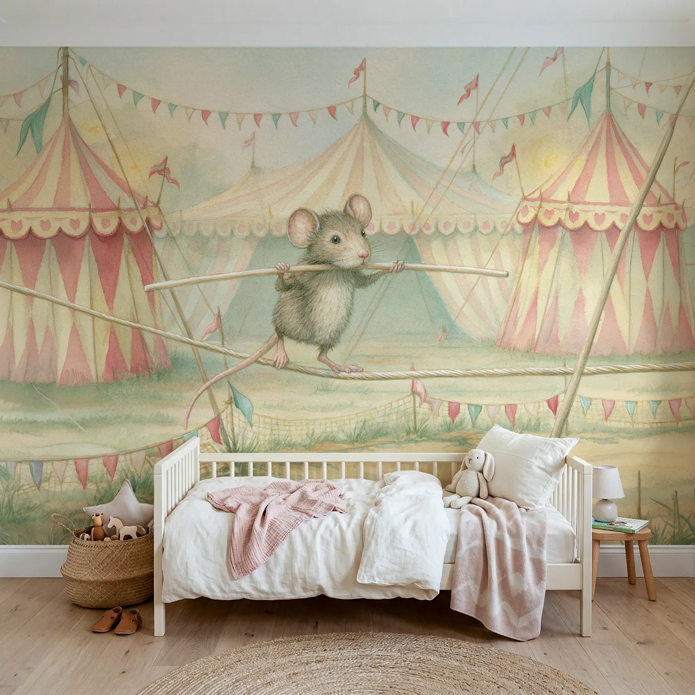 Storybook wall mural of a tightrope mouse on warm cream by Whimsy Tots