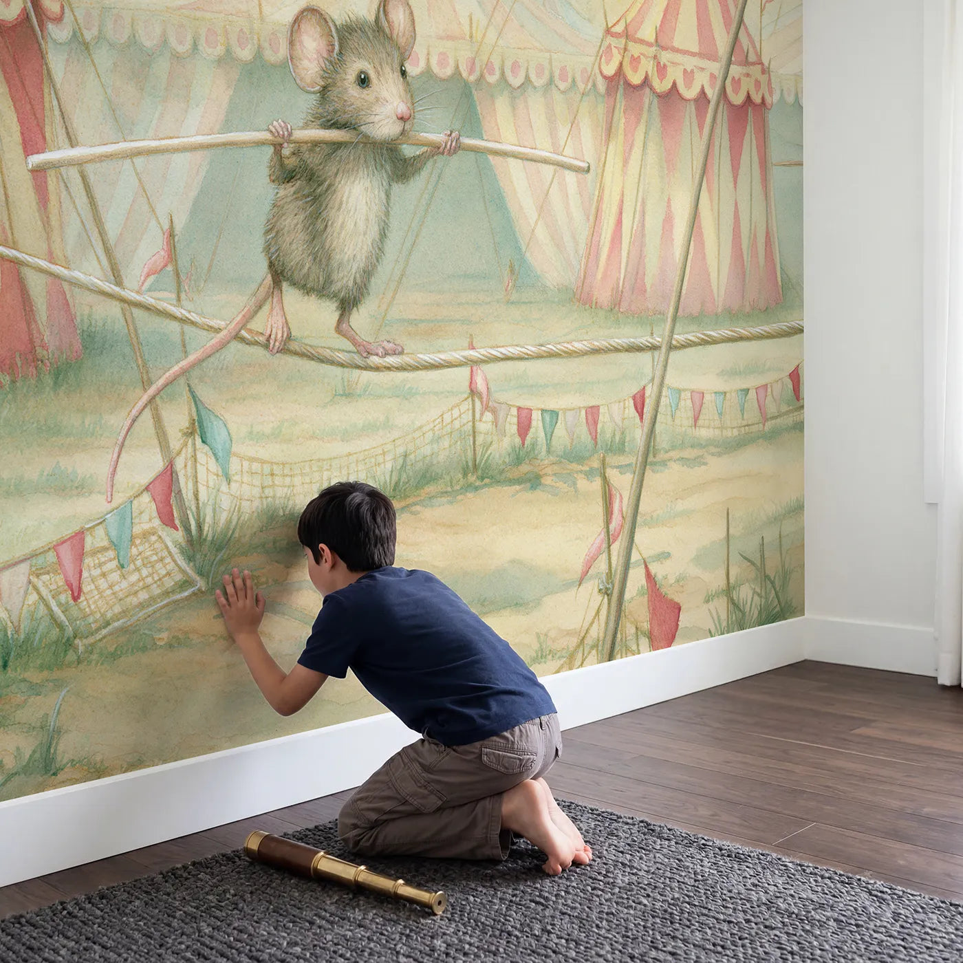Child in nursery with Tightrope Mouse Wallpaper Mural by Whimsy Tots