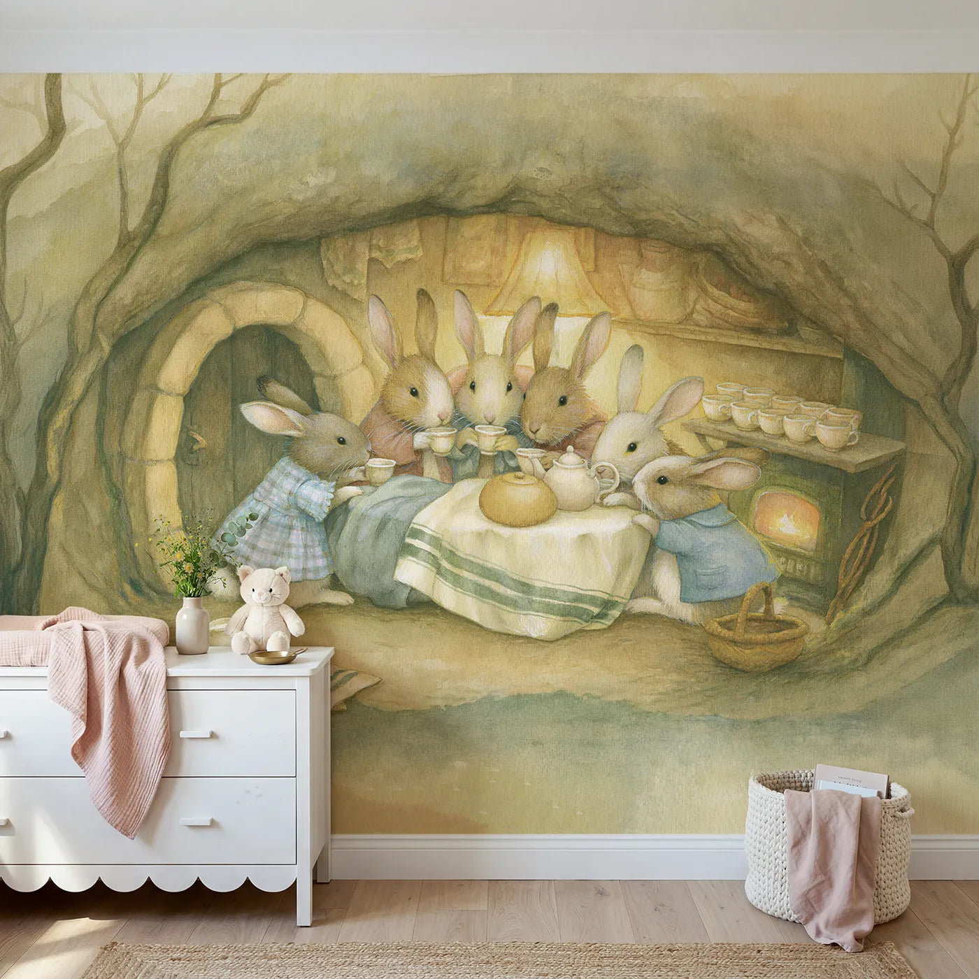Storybook wall mural of a rabbit family tea party on warm cream by Whimsy Tots