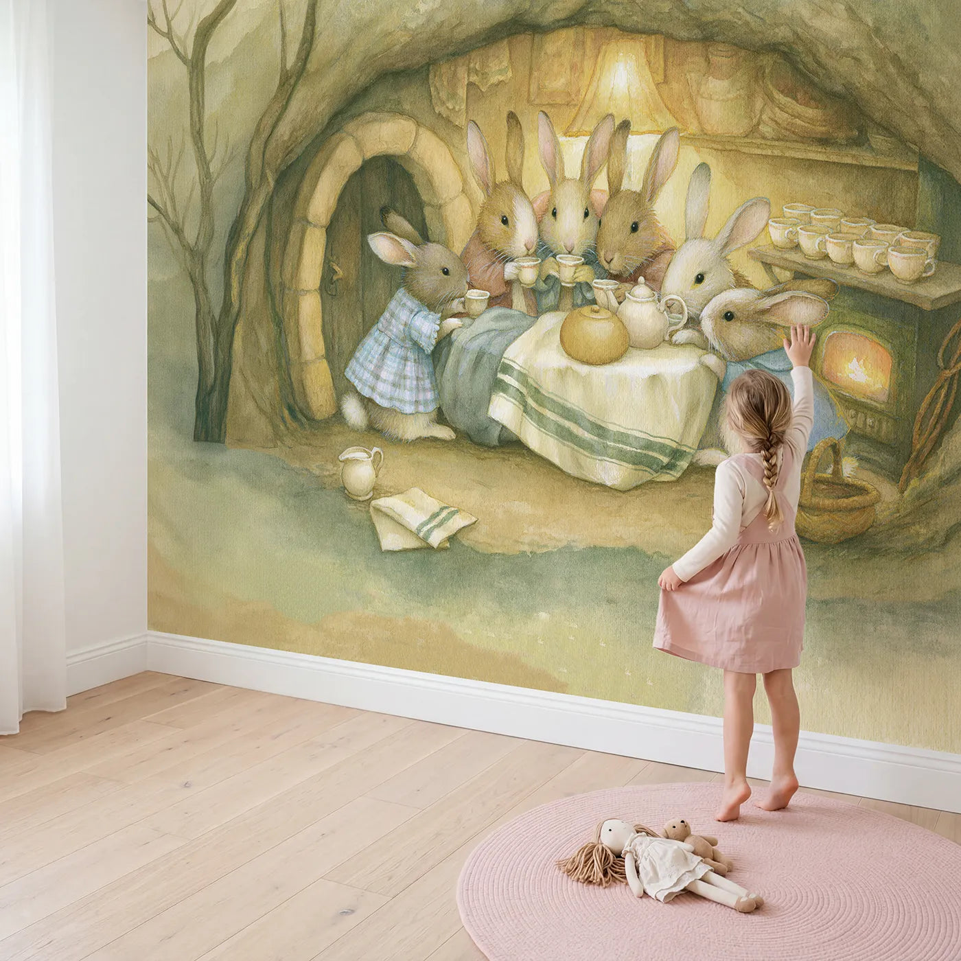 Child in nursery with Rabbit Tea Party Wallpaper Mural by Whimsy Tots