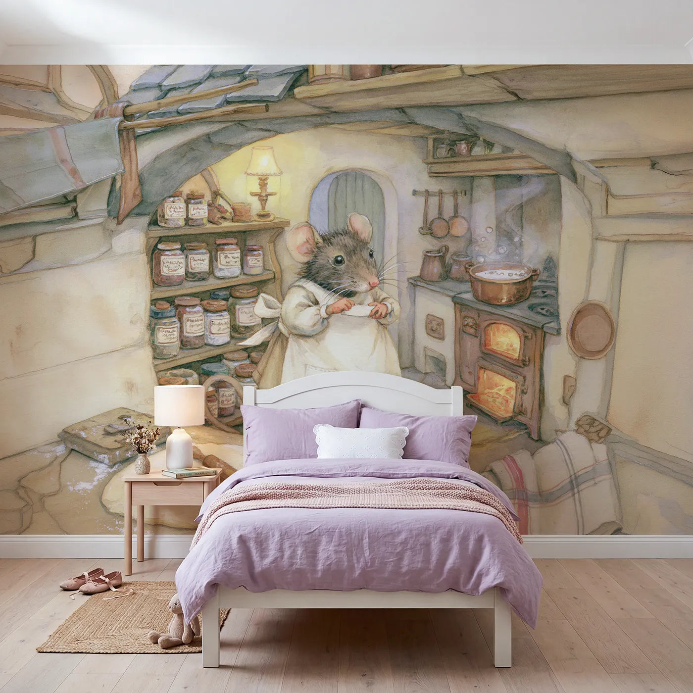Storybook wall mural of a mouse baking in a kitchen on warm cream by Whimsy Tots