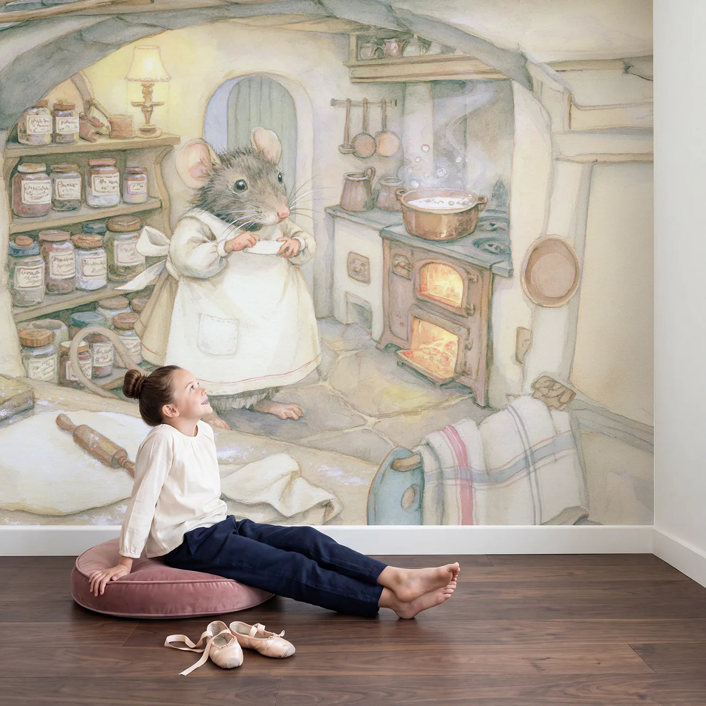 Child in nursery with Mouse Cottage Kitchen Wallpaper Mural by Whimsy Tots