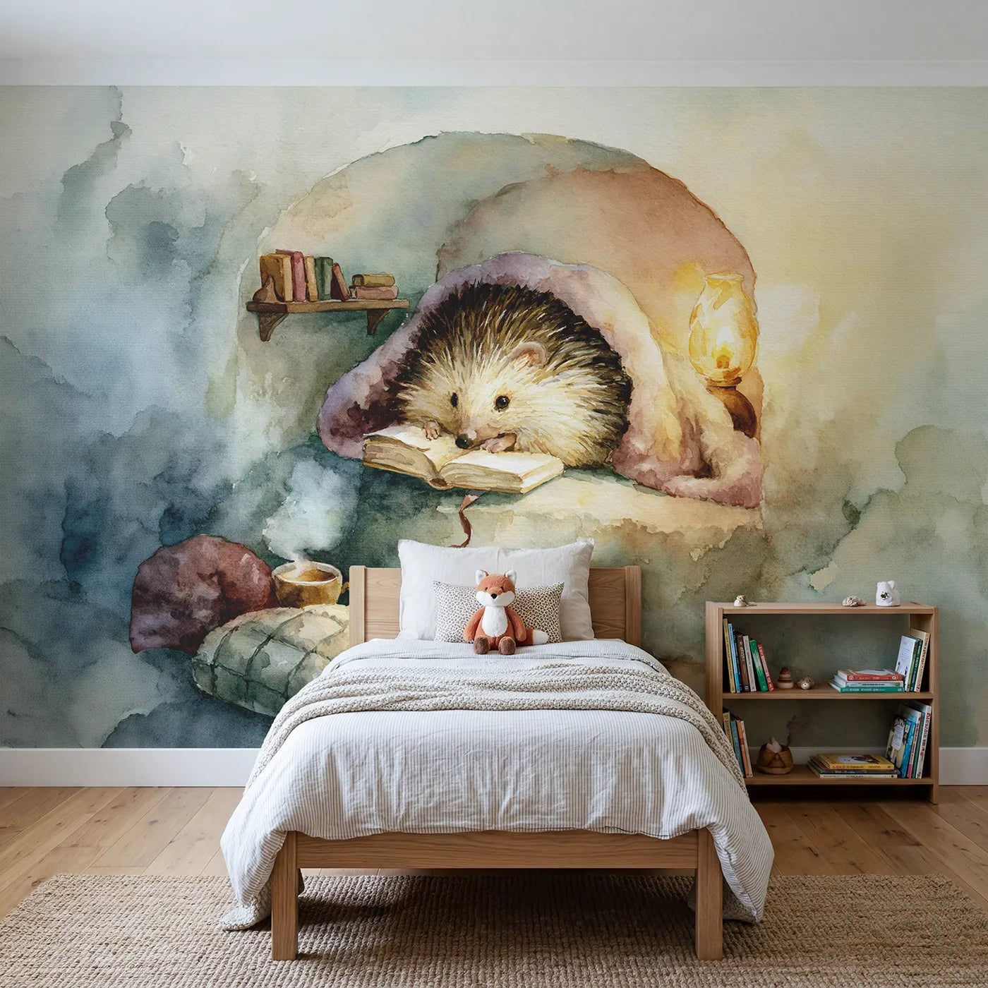 Watercolor wall mural of a hedgehog reading in a nook on warm cream by Whimsy Tots