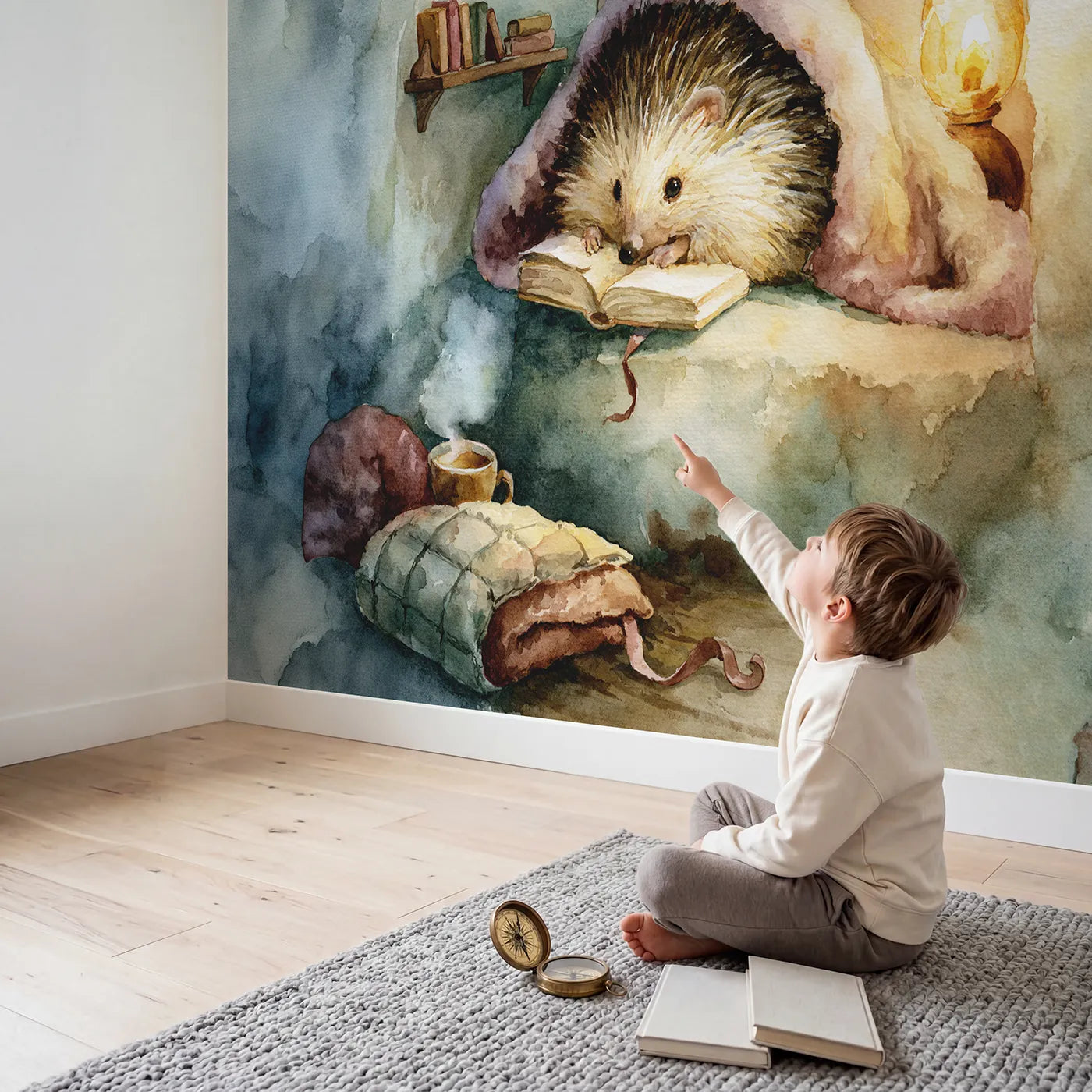 Child in nursery with Hedgehog Reading Nook Wallpaper Mural by Whimsy Tots