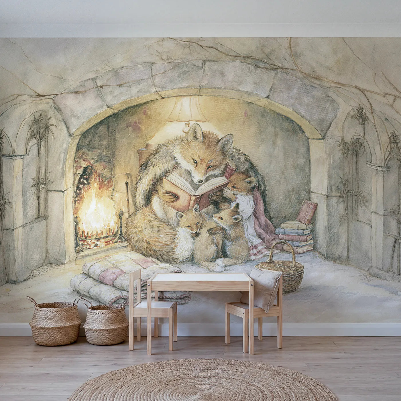 Storybook wall mural of a fox reading to kits by a fire on warm cream by Whimsy Tots