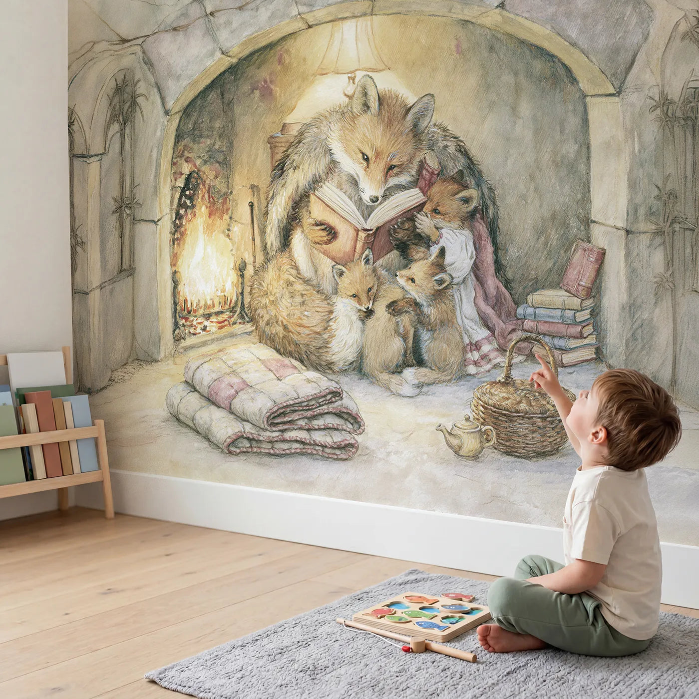 Child in nursery with Fox Fireside Story Wallpaper Mural by Whimsy Tots