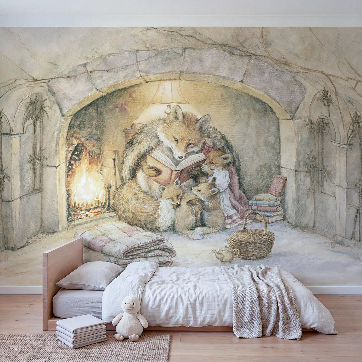 Fox Fireside Story Wallpaper Mural in playroom setting by Whimsy Tots