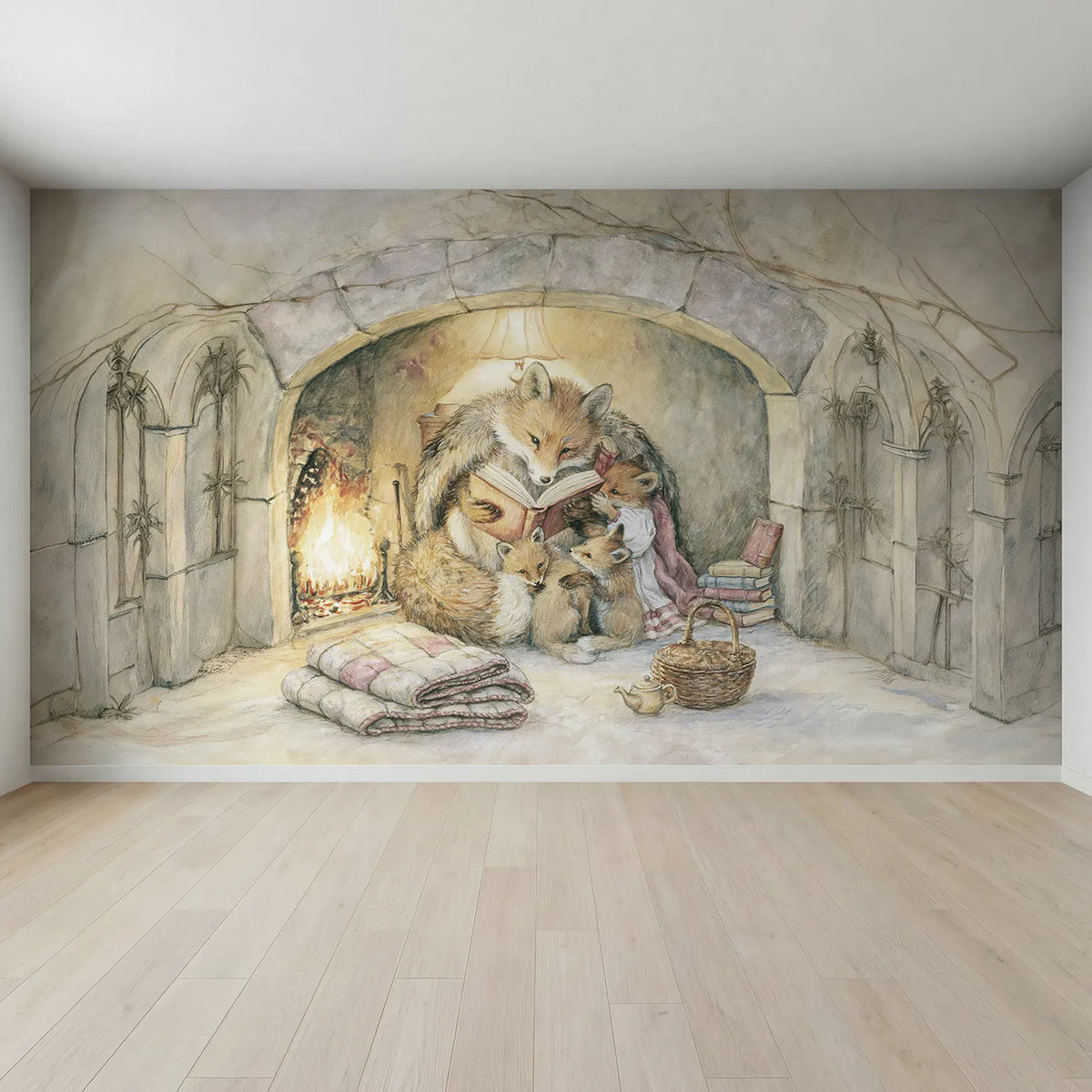 Full view of Fox Fireside Story Wallpaper Mural by Whimsy Tots