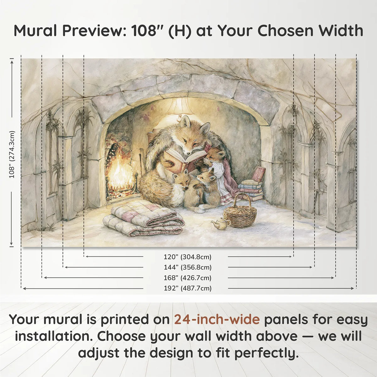 Panel layout and dimensions for Fox Fireside Story Wallpaper Mural by Whimsy Tots
