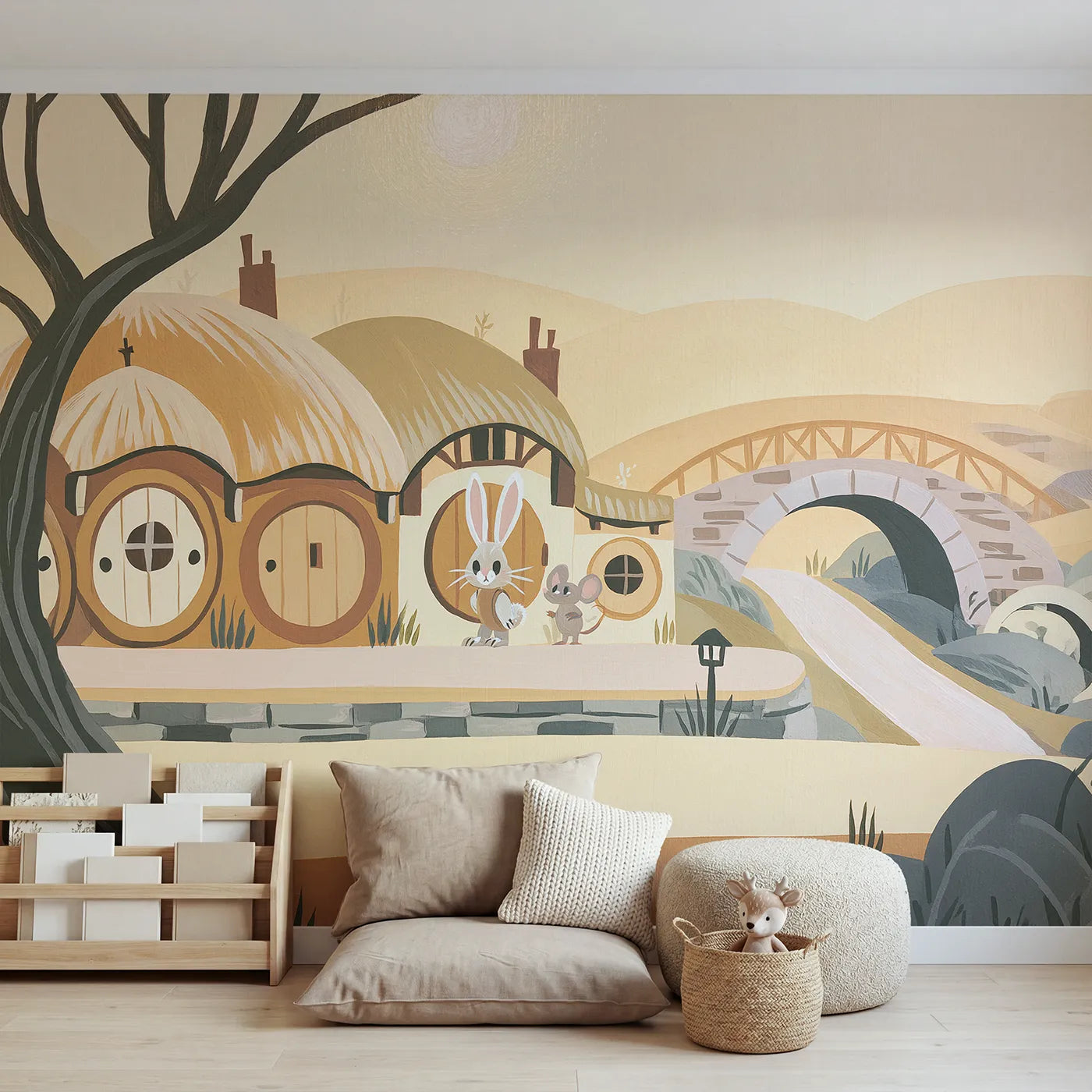 Gouache wall mural of a folk animal village on warm cream by Whimsy Tots