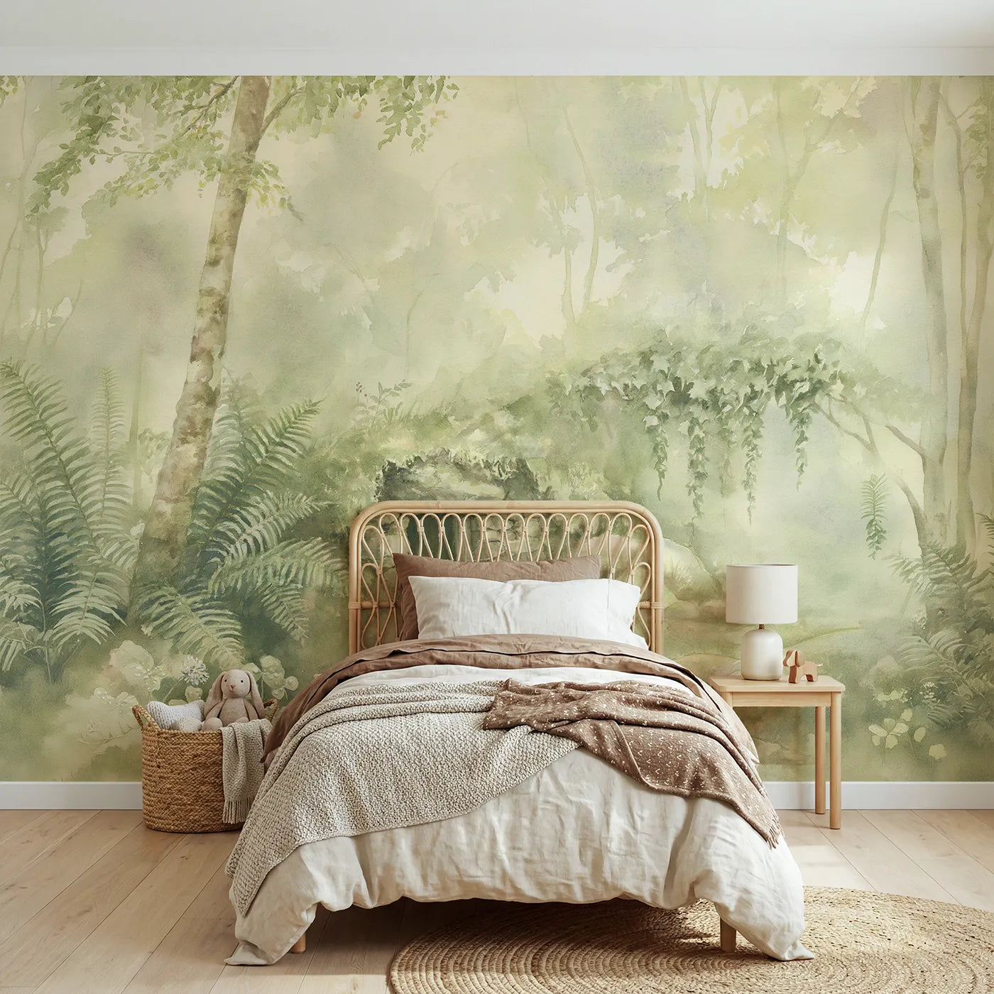 Watercolor wall mural of a burrow doorway in mist on pale sage by Whimsy Tots
