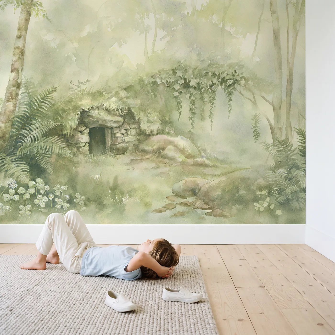 Child in nursery with Misty Burrow Morning Wallpaper Mural by Whimsy Tots