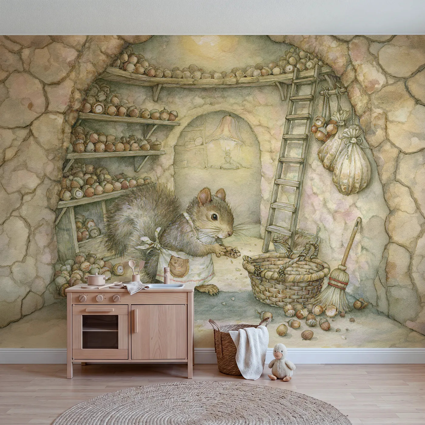 Storybook wall mural of a squirrel acorn pantry on warm cream by Whimsy Tots