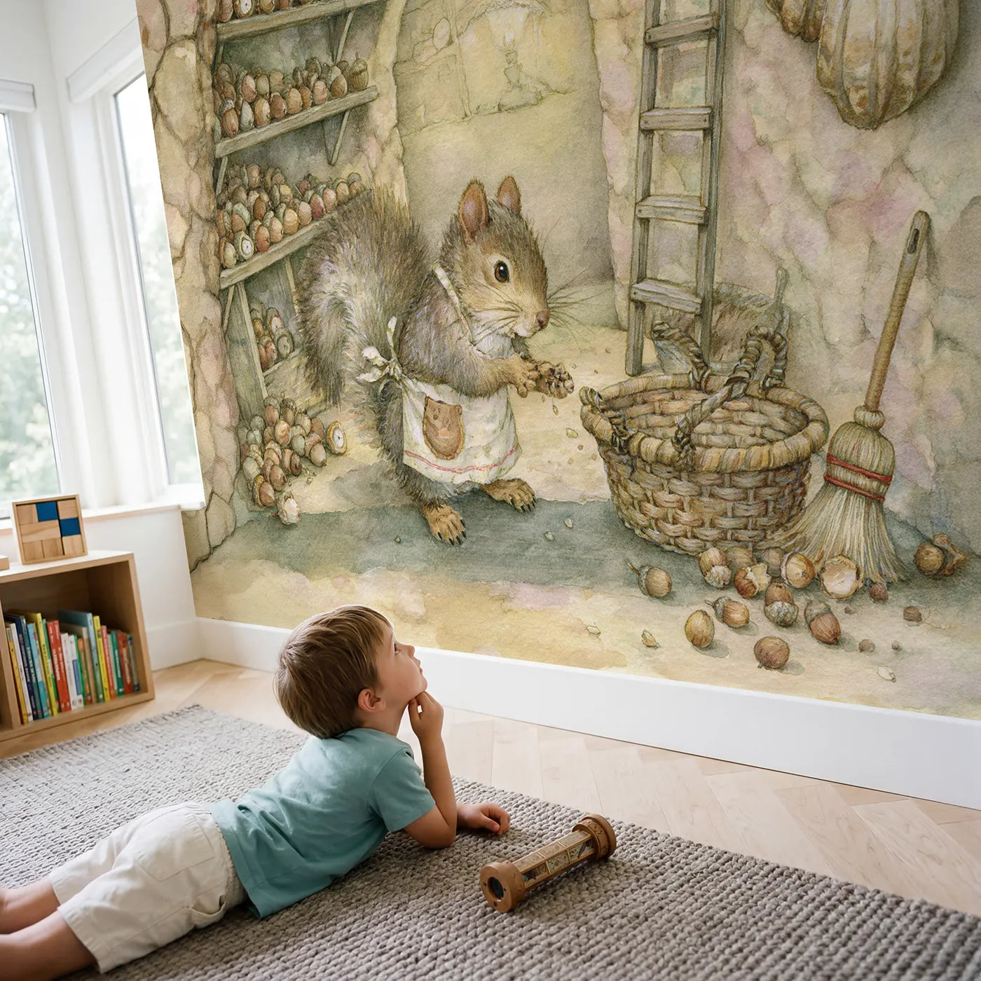 Child in nursery with Squirrel Acorn Pantry Wallpaper Mural by Whimsy Tots