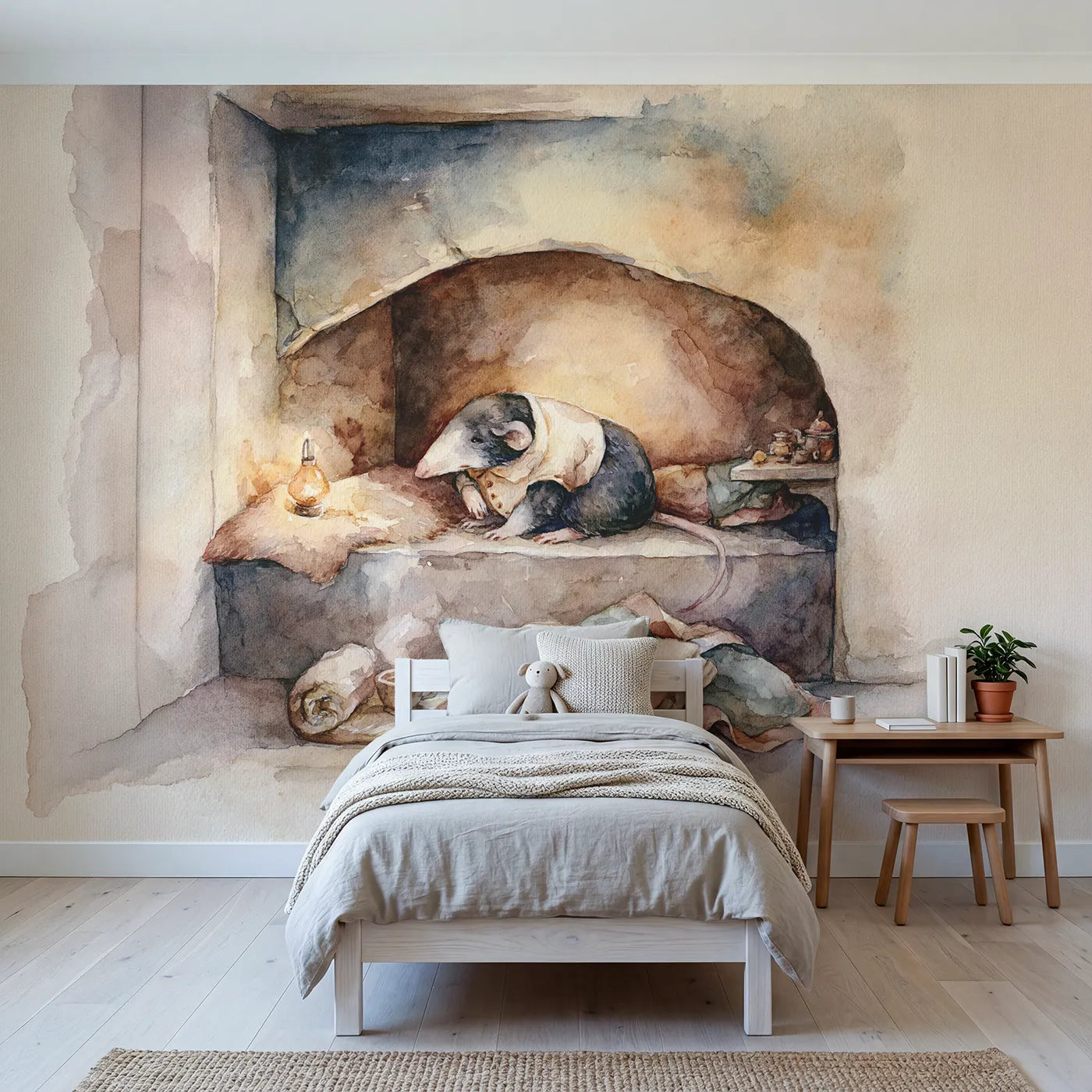 Watercolor wall mural of a mole in a cozy parlor on warm cream by Whimsy Tots