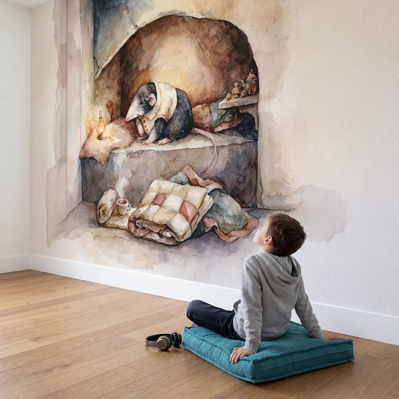 Child in nursery with Mole Cozy Parlor Wallpaper Mural by Whimsy Tots
