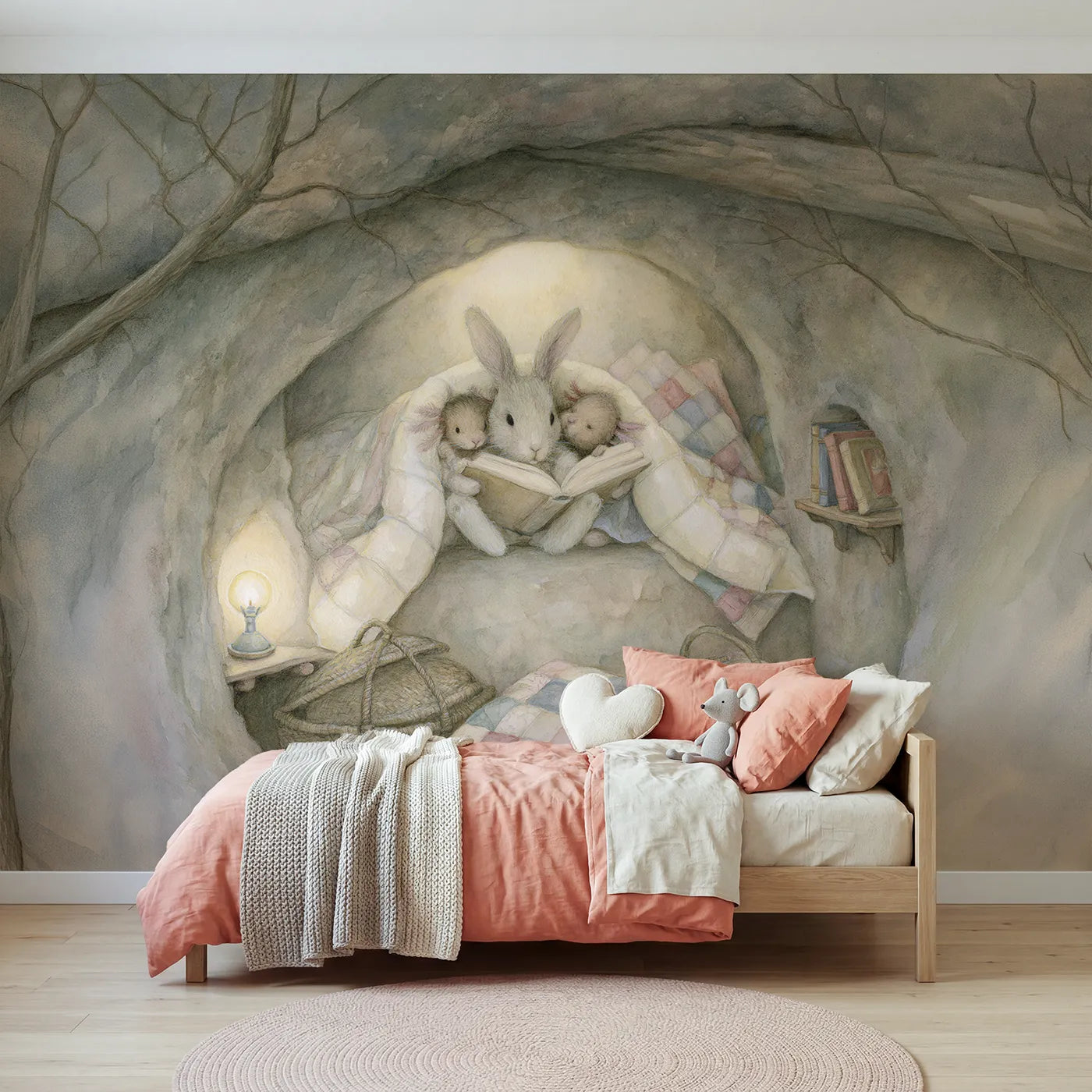 Storybook wall mural of a bunny bedtime story on soft blush by Whimsy Tots