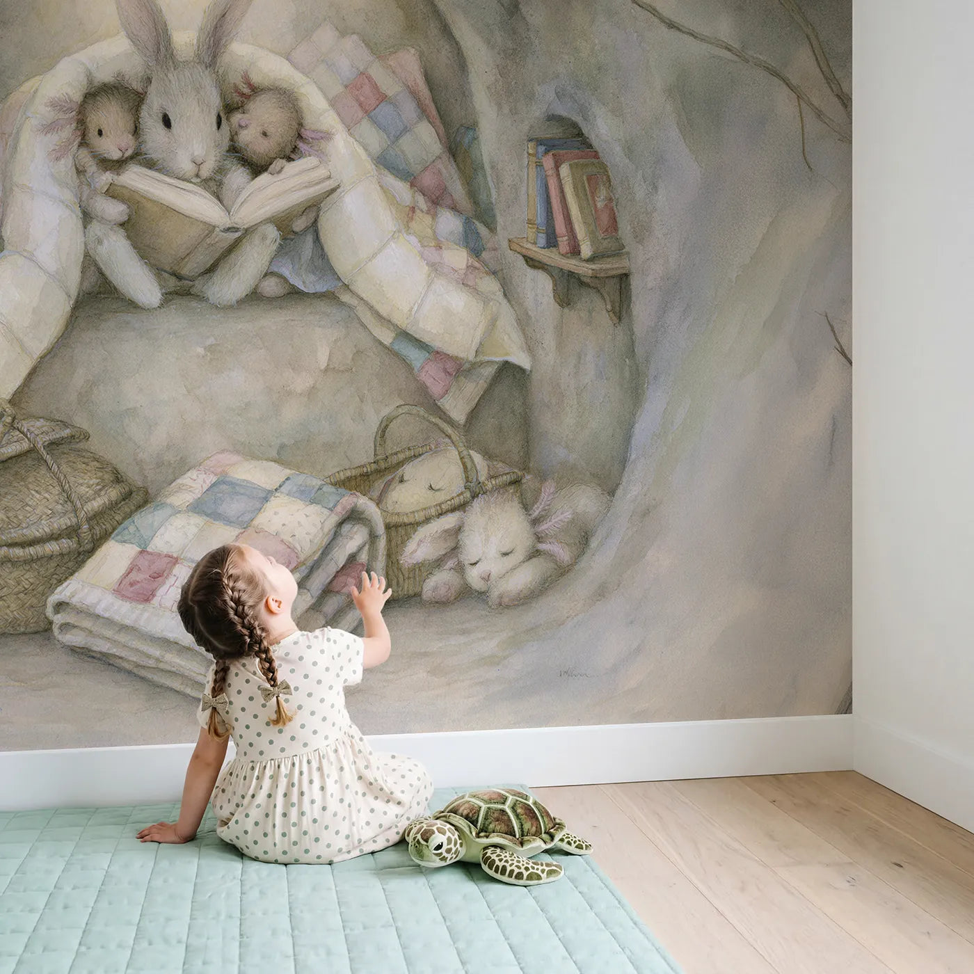 Child in nursery with Bunny Bedtime Tale Wallpaper Mural by Whimsy Tots
