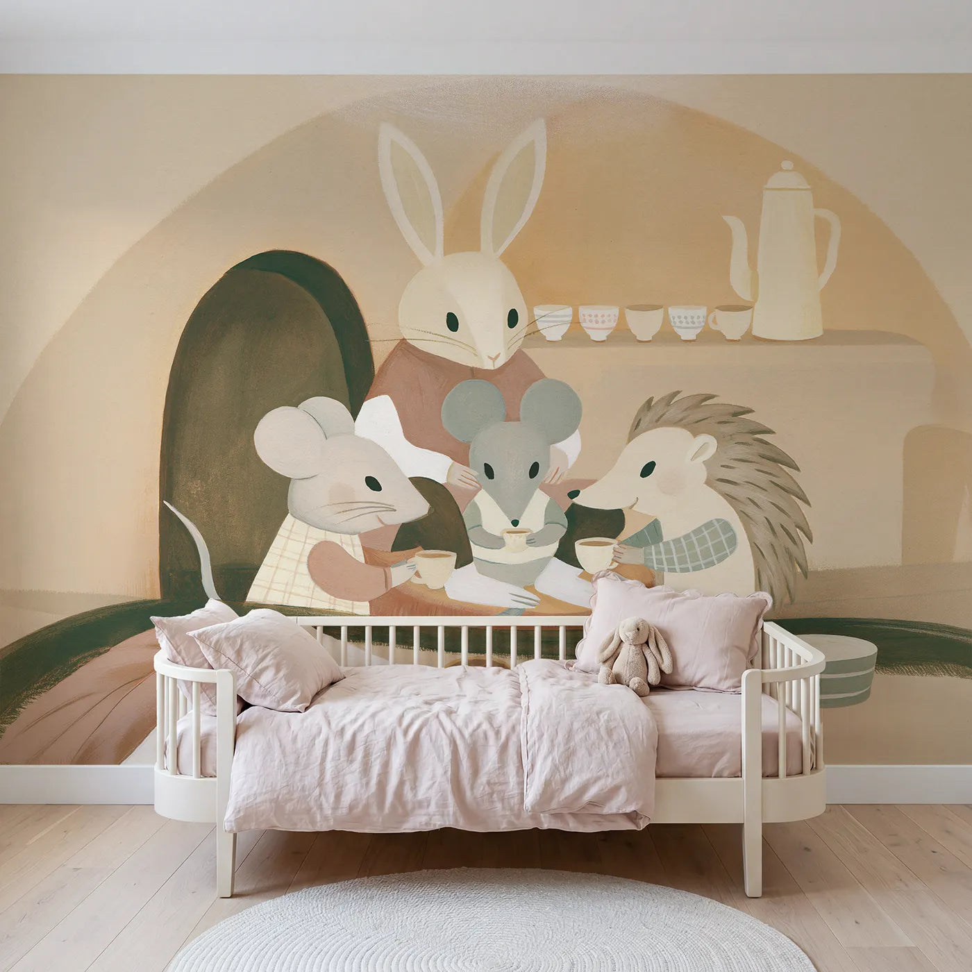 Gouache wall mural of folk friends at tea on warm cream by Whimsy Tots