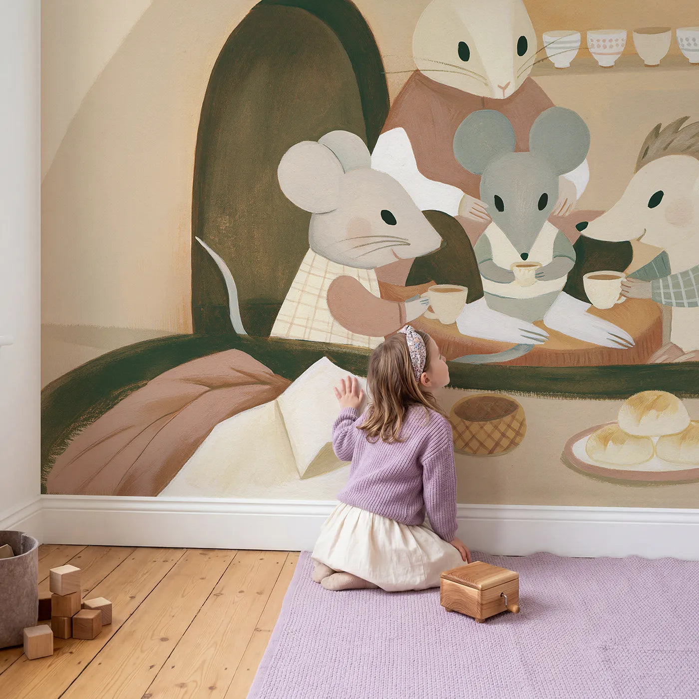 Child in nursery with Folk Tea Friends Wallpaper Mural by Whimsy Tots