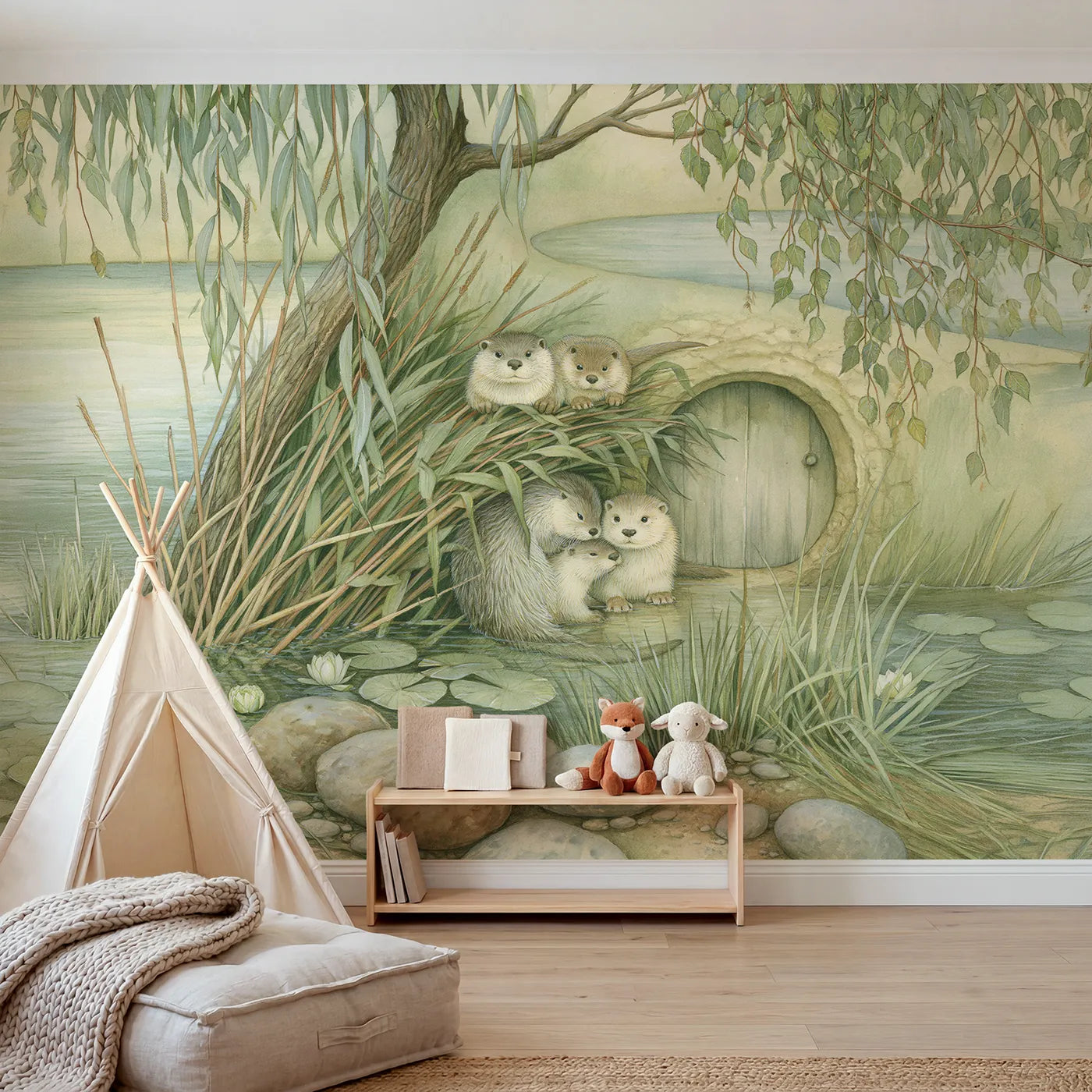 Storybook wall mural of an otter riverbank home on pale sage by Whimsy Tots