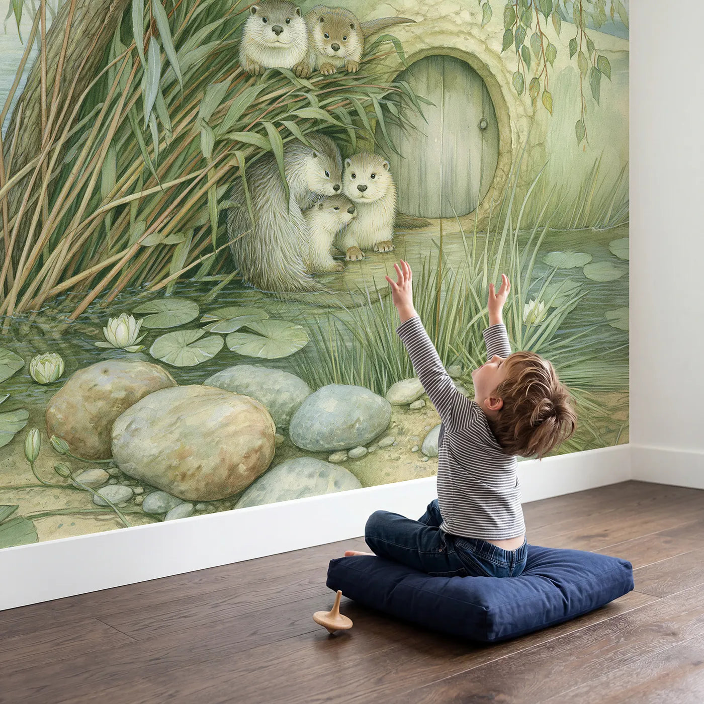 Child in nursery with Otter River Home Wallpaper Mural by Whimsy Tots