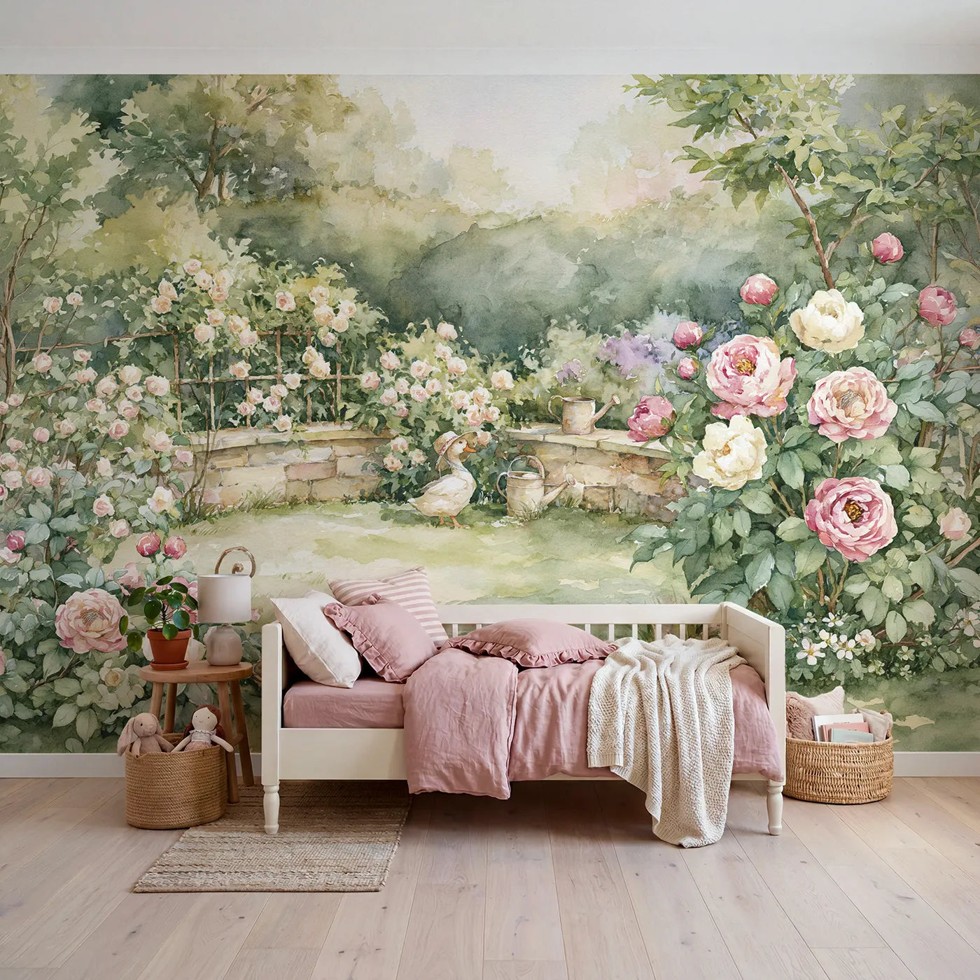 Watercolor wall mural of a duck tending a garden on soft blush by Whimsy Tots