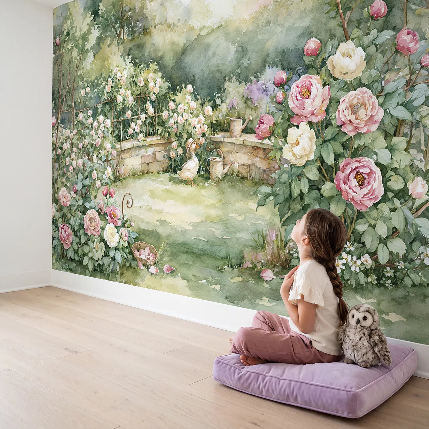 Child in nursery with Duck Cottage Garden Wallpaper Mural by Whimsy Tots